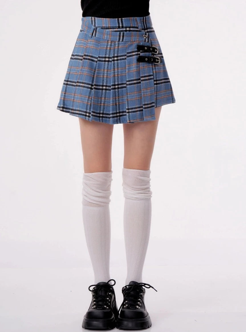 High waist pleated tweed plaid Skirt