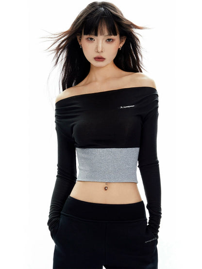 Cropped Stretch Neck Shoulder Top