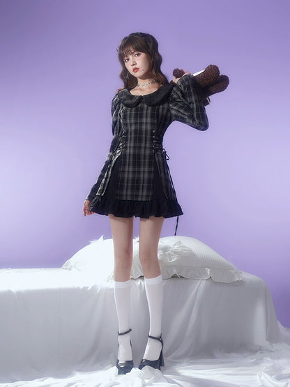 Plaid-Schnürkleid eingeklemmte Taille