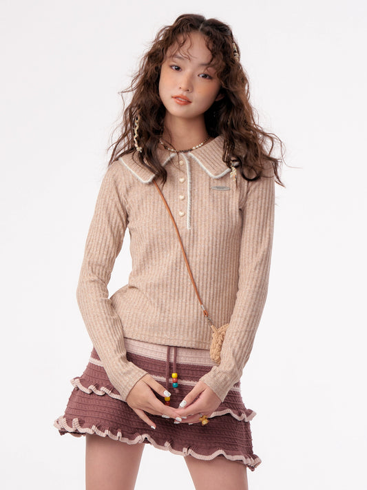 American polo collar long sleeve knit sweater