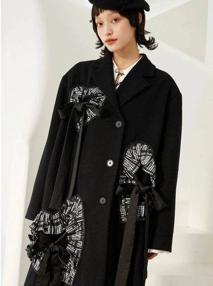 Plaid love slim long black woolen coat