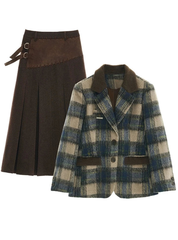 Tweed blazer pleated skirt Set-up
