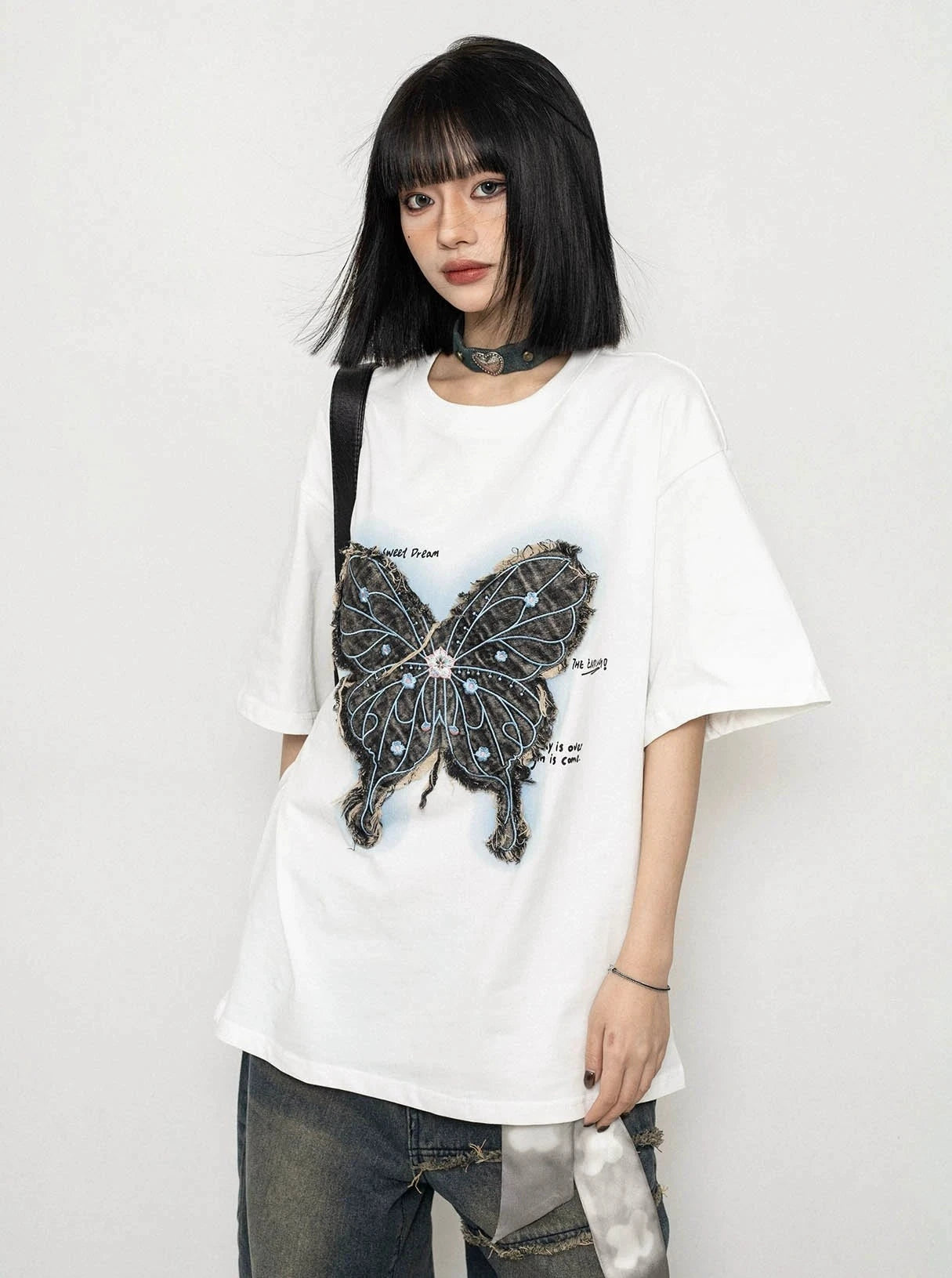 American Vintage Butterfly Embroidery Loose Top