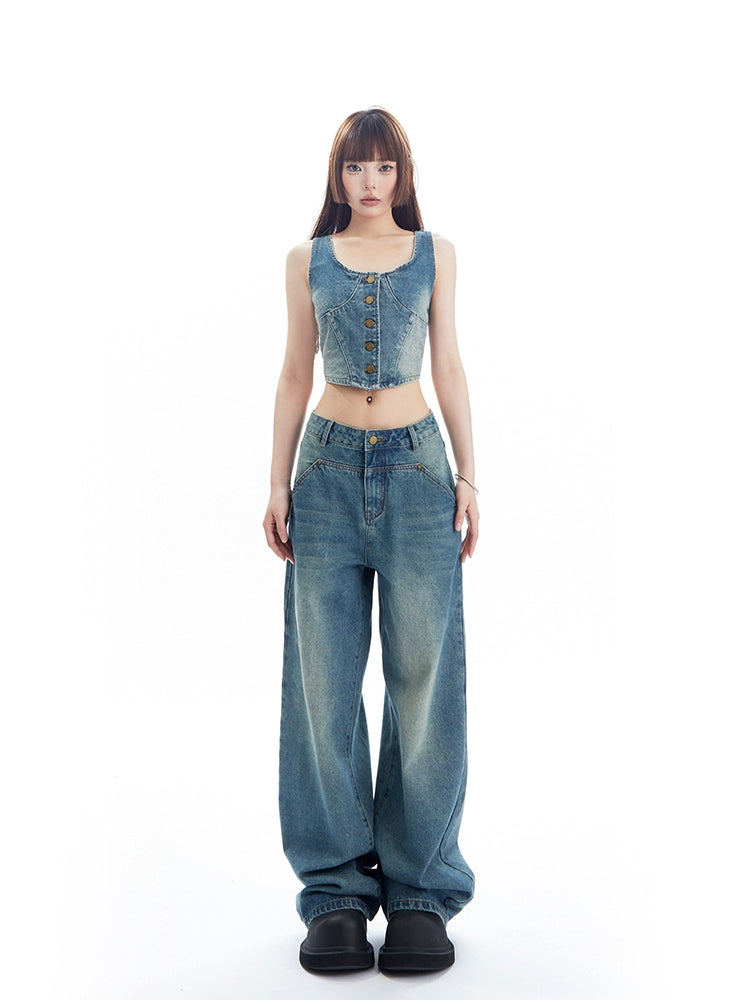 American Denim Wide Leg Short Vest Set-up