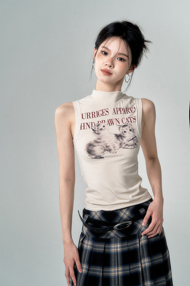 Sleeveless Knit with High Neck Cat Design