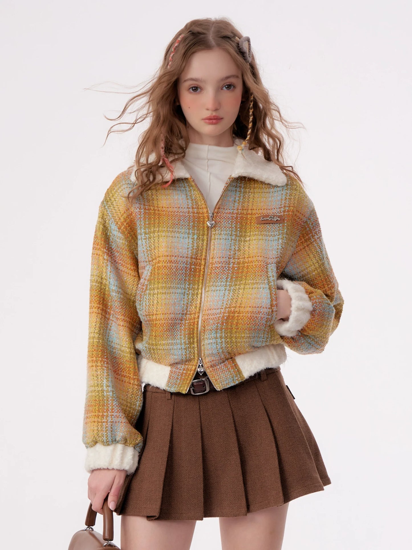 Plaid Velvet Kurzpelzjacke