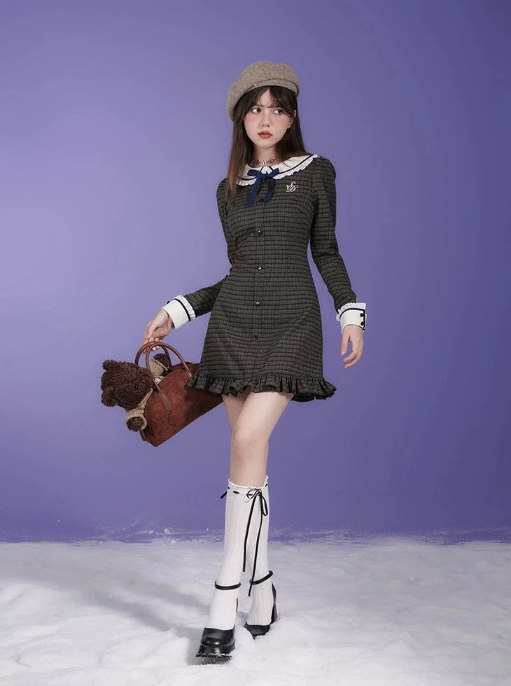 Checkered Doll Collar Long Sleeve Dress