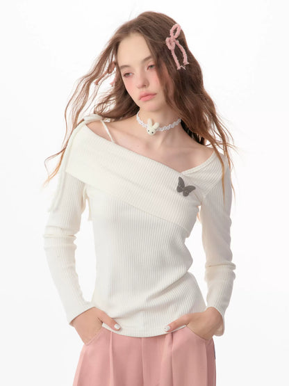 Off-the-shoulder clavicle long sleeve knit tops