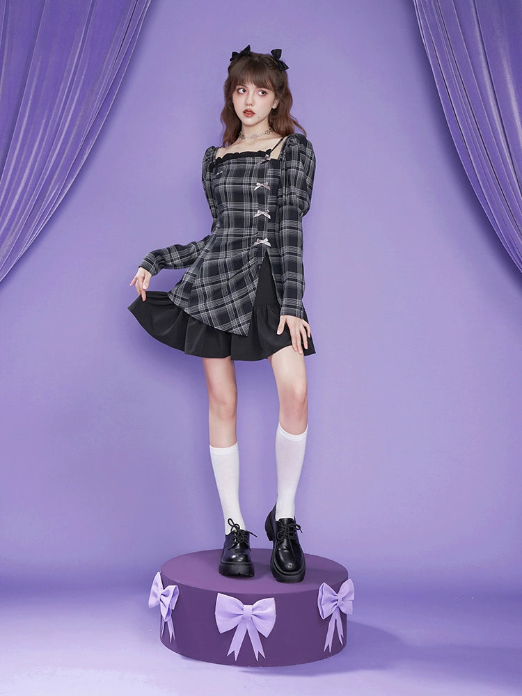 Plaid long-sleeve asymmetrical design dress