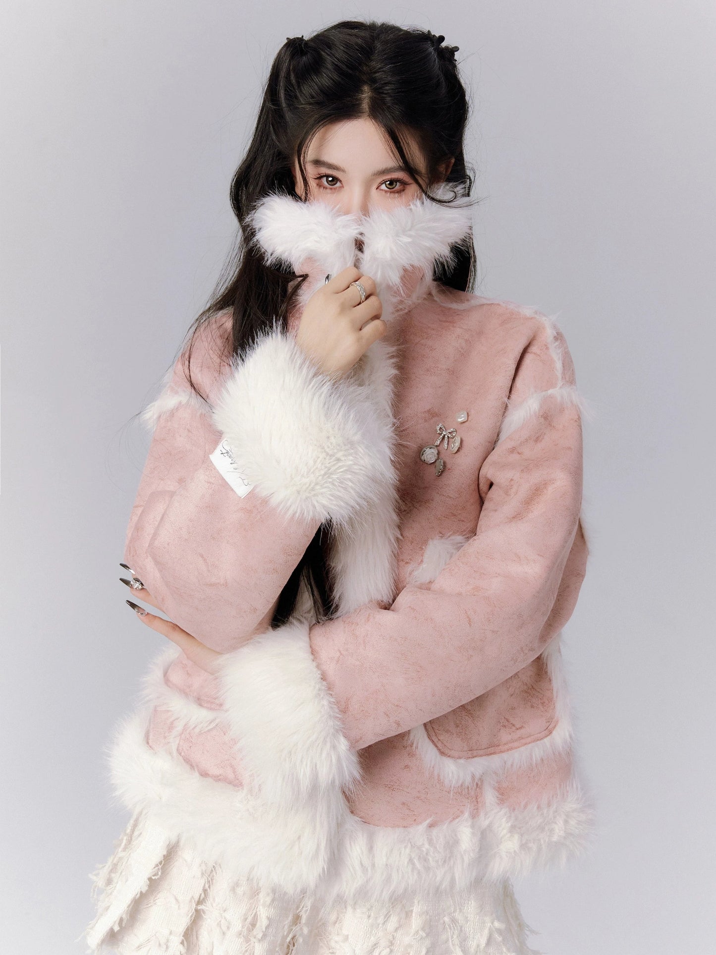 Fur Integrated Coat With Pleated Skirt Set