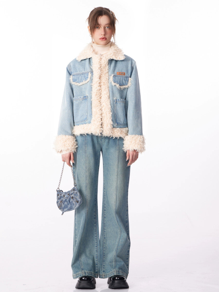 American thickened cotton denim lamb wool coat