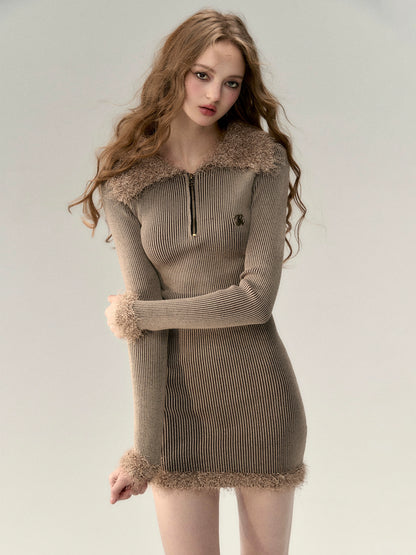 Lapel Large Fur Collar Knitted Dress