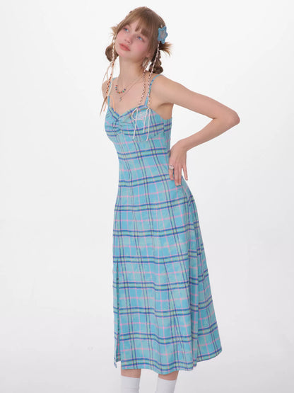 Vintage Check Waist Cinched Babes Blue Dress