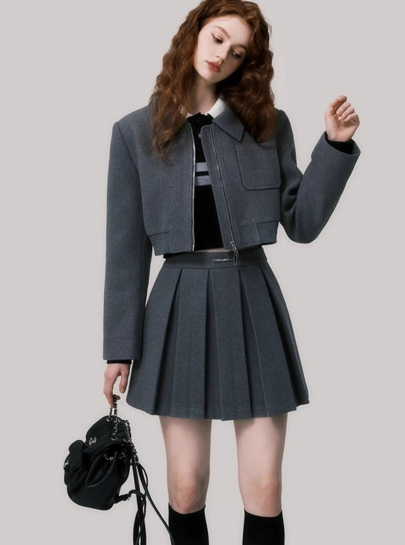 Simple tweed thick jacket short skirt