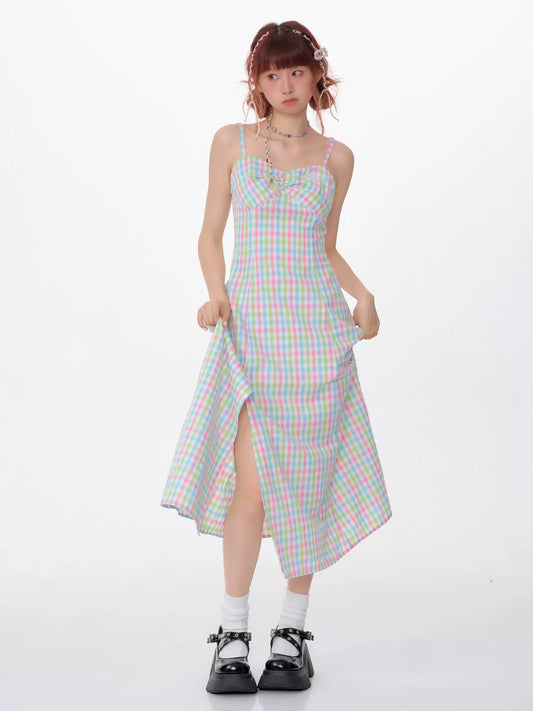 Slim Color Suspender Plaid Sleeveless Dress