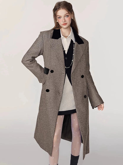 Spliced herringbone midi tweed coat