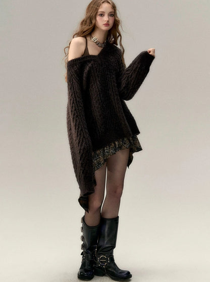 V-neck knit sweater coat set