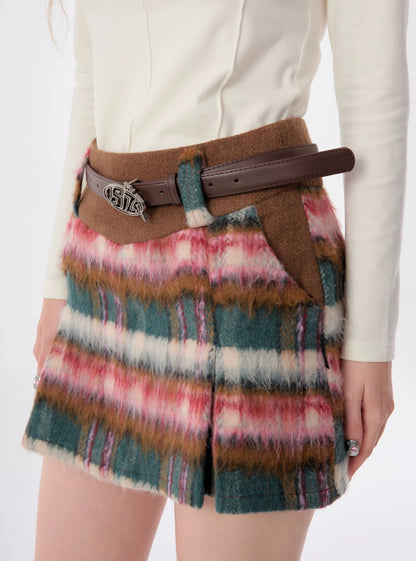 High-waisted thin red woolen tweed plaid short Skirt