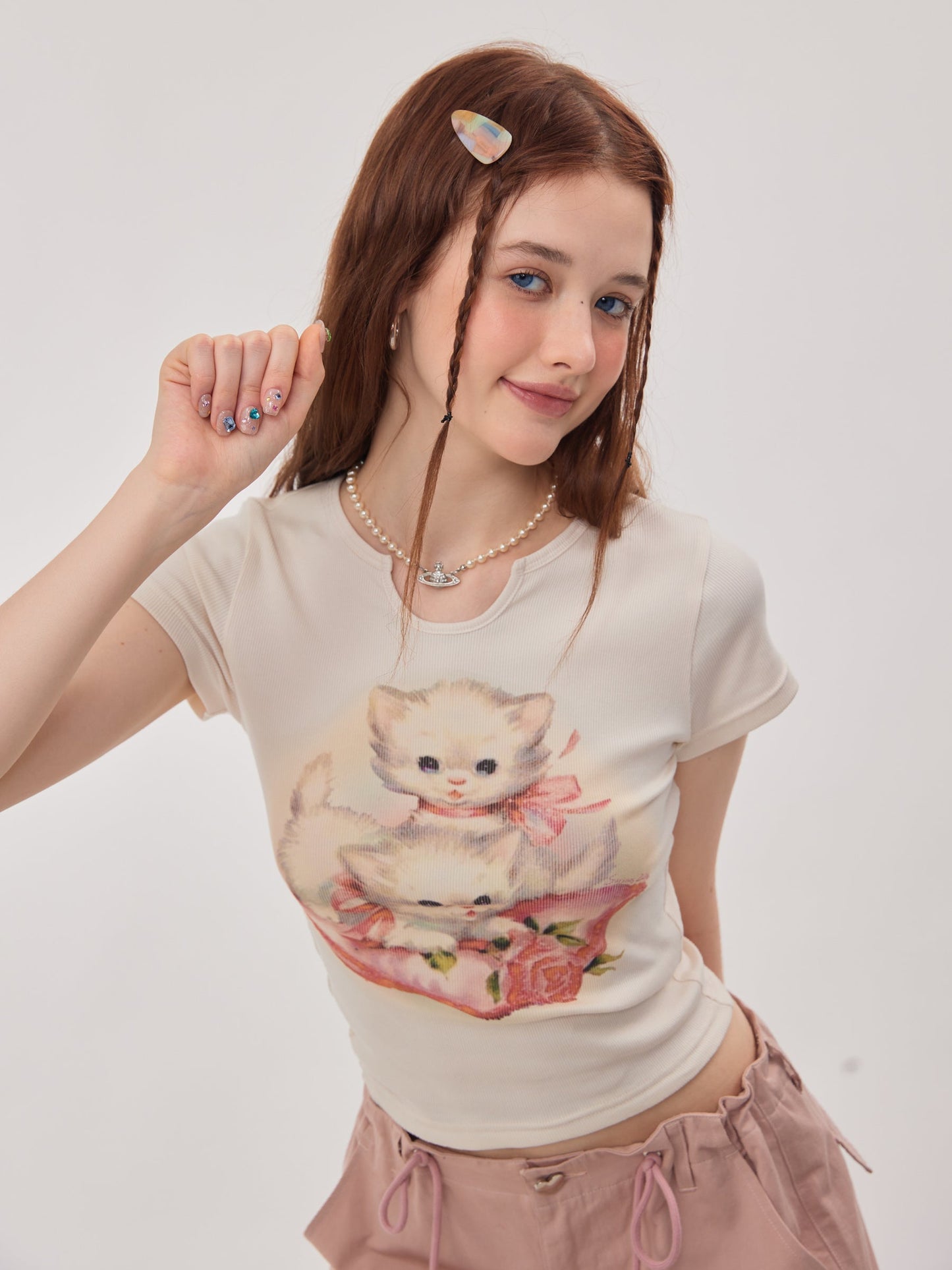 Schöne Katze U Hals Kurzarm T-Shirt