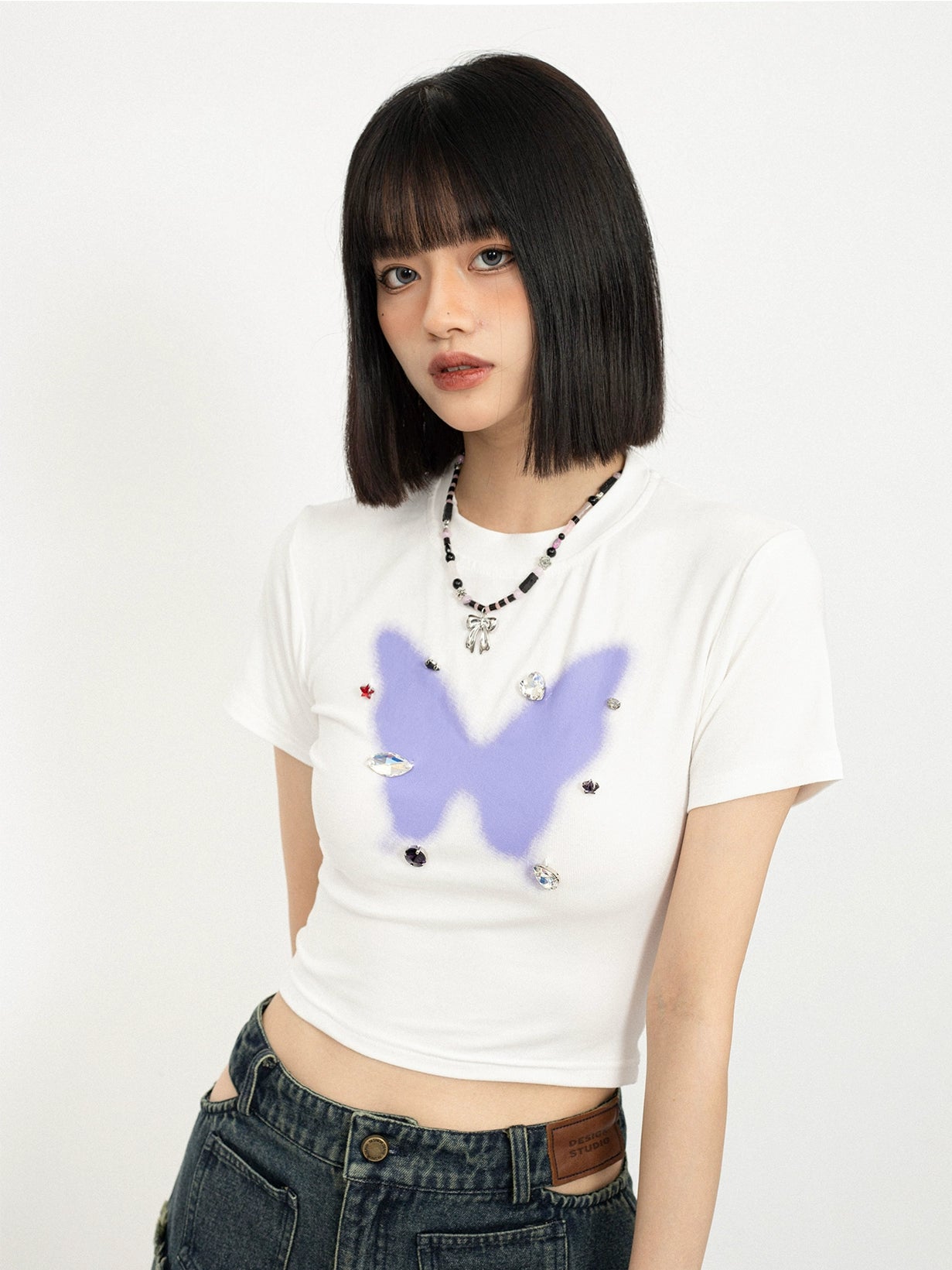 Butterfly Diamond Print Crop Tops