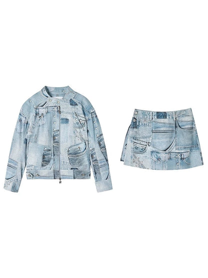 Denim print jacket and skirt set