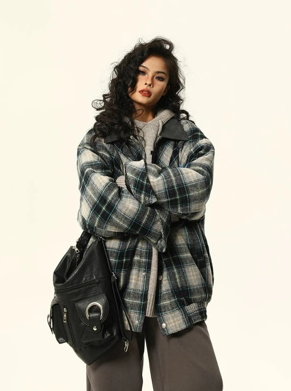 American retro patchwork woolen plaid jacket