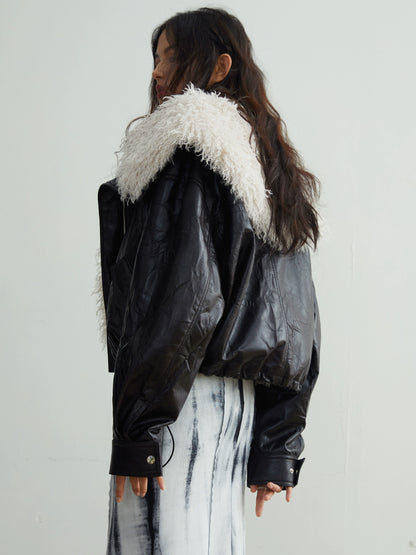 Removable large fur collar imitation leather jacket