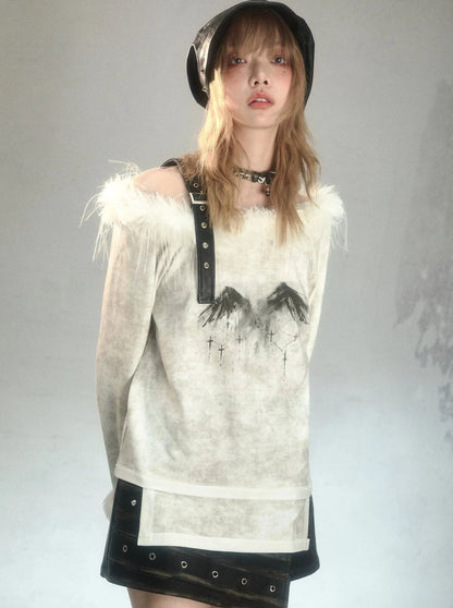 punk fur belt neck print long sleeve T-shirt