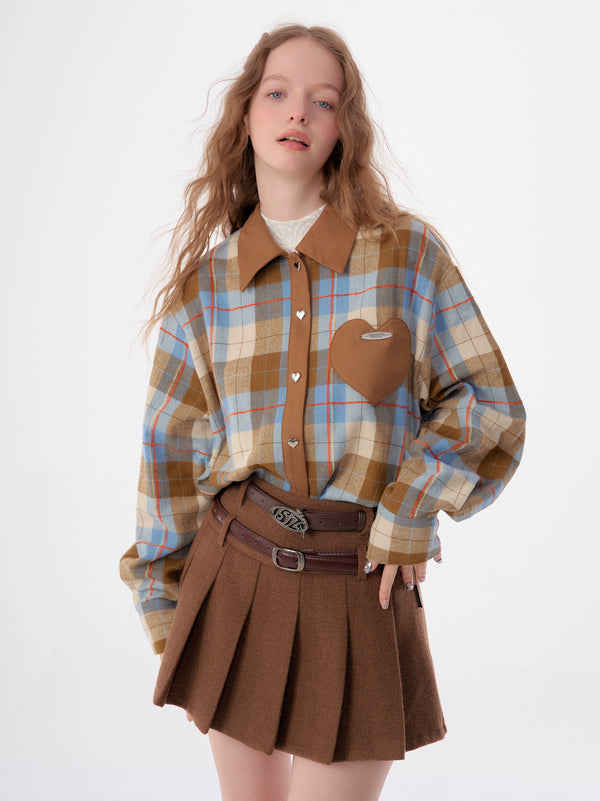 American retro casual love plaid long sleeve Shirt