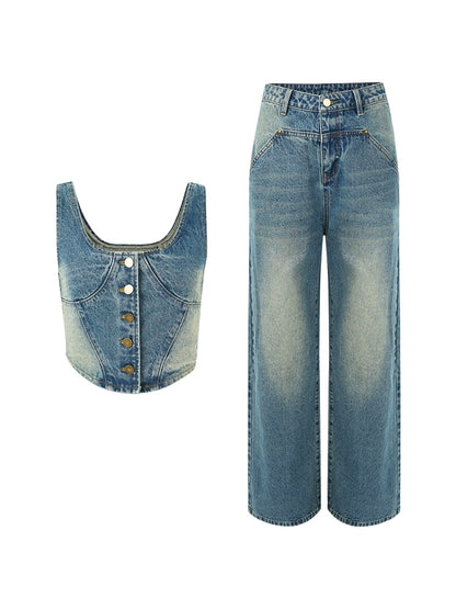 American Denim Vest  Wide Leg Pants Set