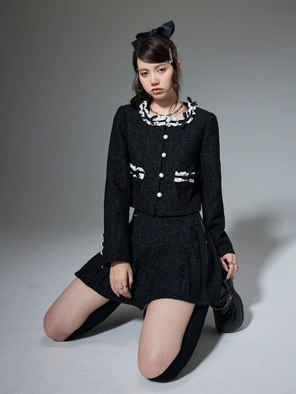 Round neck bow cardigan with pleated skirt set
