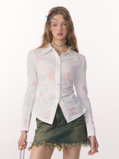 Butterfly Long Sleeve White Shirt