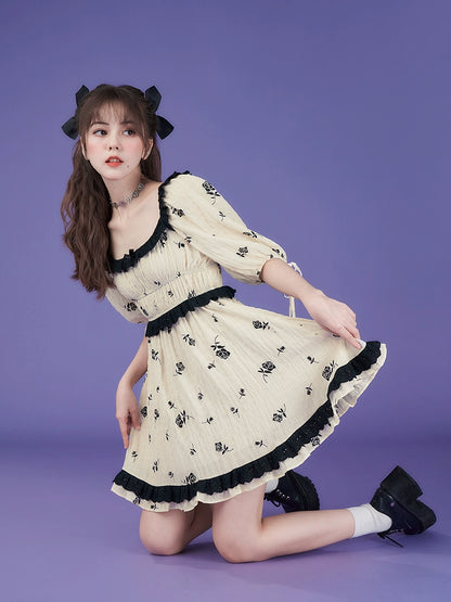 Rose print puff sleeve high waist princess dress