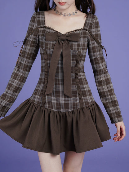 fighting spirit brown plaid bow dress