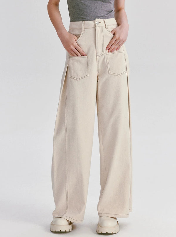Pocket cotton loose wide-leg pants