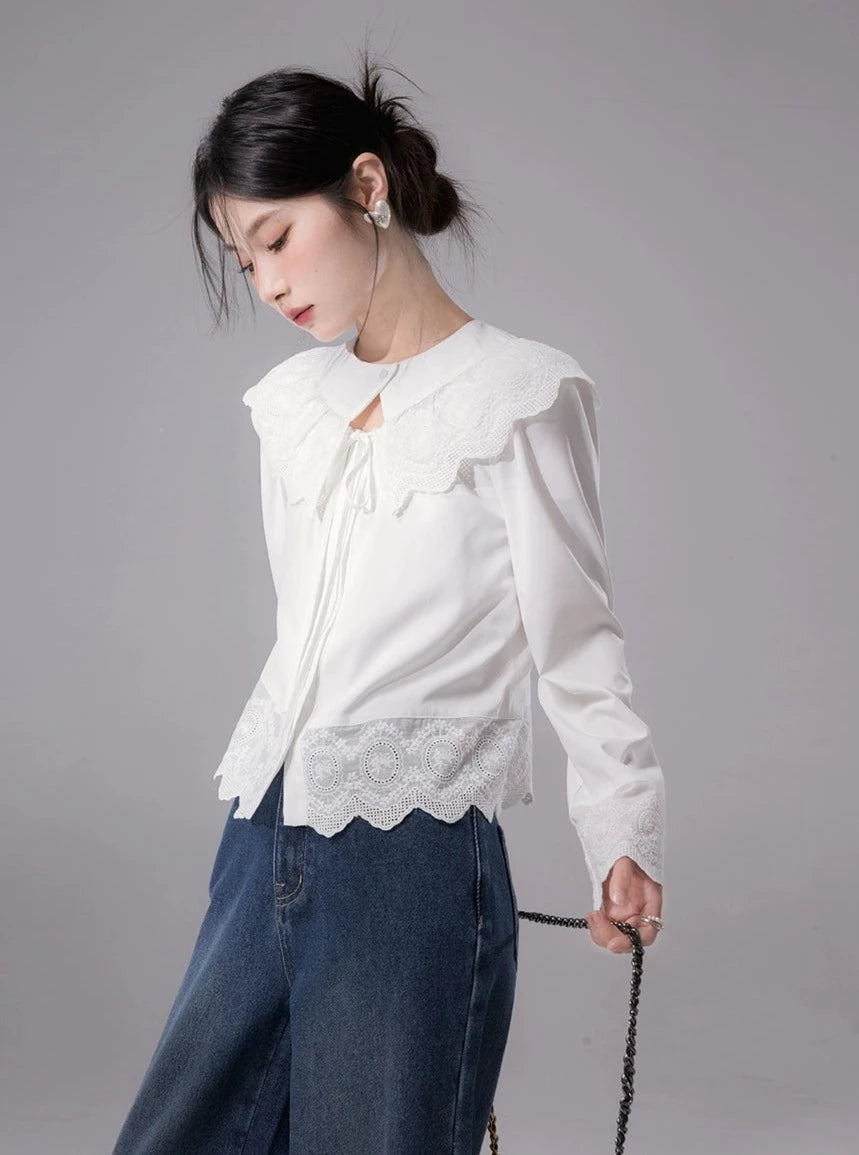 Lace detachable collar long sleeves shirt