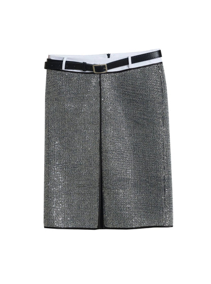 Retro silver sequin slit pencil skirt with belt