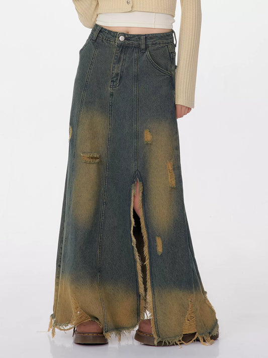 Distressed Ripped Slit Denim Blue Skirt