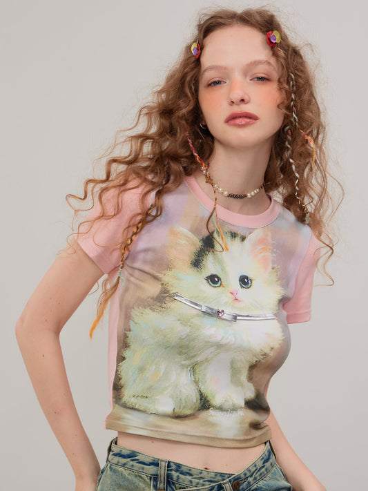 Retro Pink Cat Short Sleeve T-Shirt
