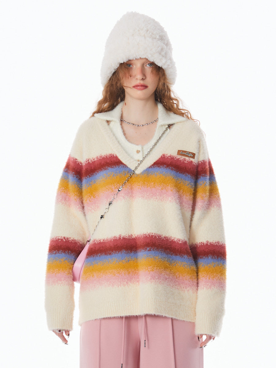 Stitching Rainbow stripes V-neck Sweater