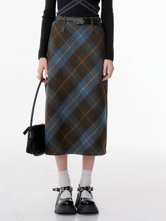 american retro high waist blue plaid skirt