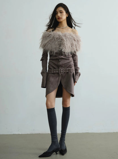 shoulder fur-collared suede dress