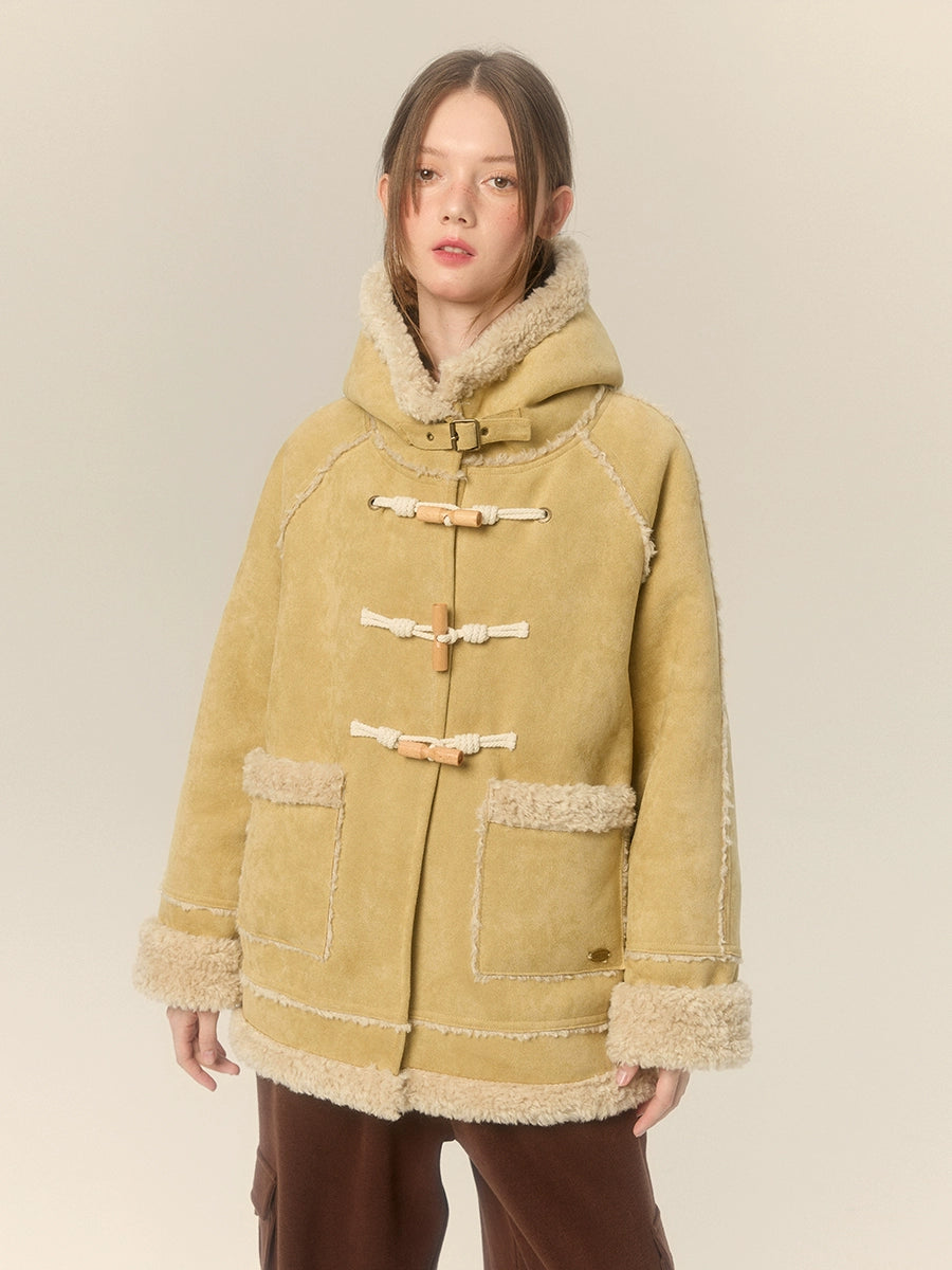 Hooded Horn Buckle Fur Jacket