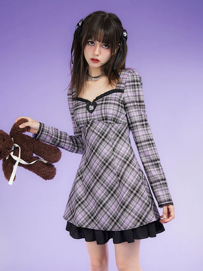 Plaid A-Line Bubble Long-sleeved Lace Dress