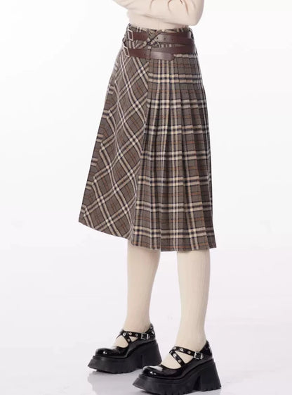 A-line plaid thickened pleated midi length Skirt