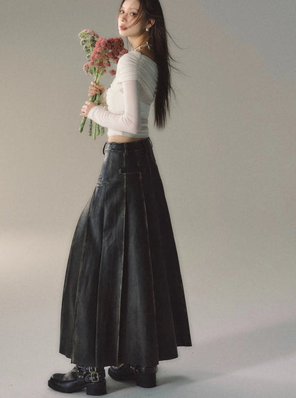 heavyweight rubbed midi leather skirt