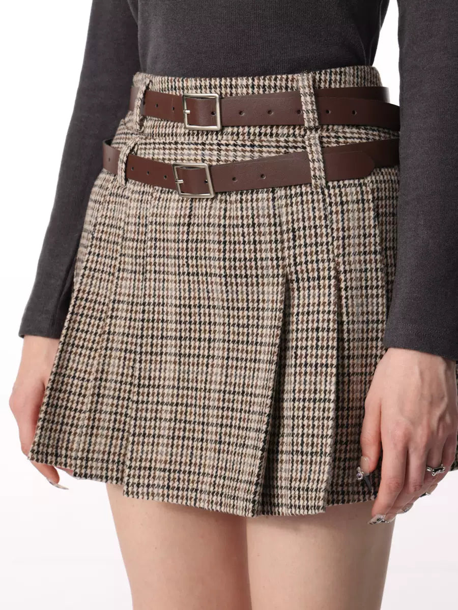 A-line Nizi wool houndstooth pleated wool skirt