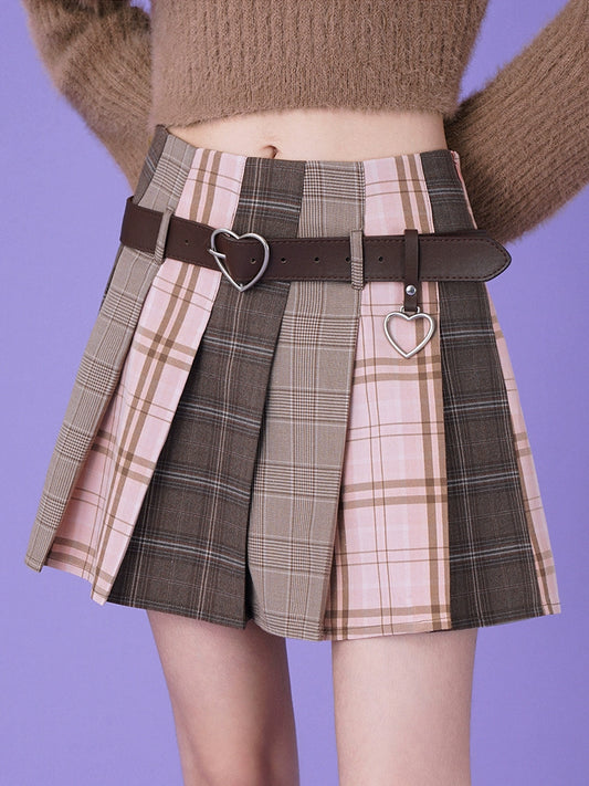 Splicing plaid high waist A-line pleated skirt