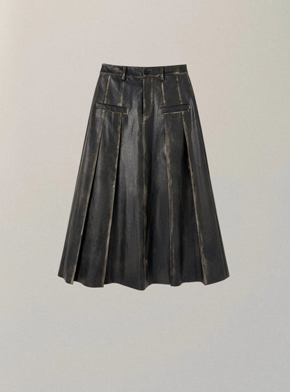 Midi pu leather pleated skirt