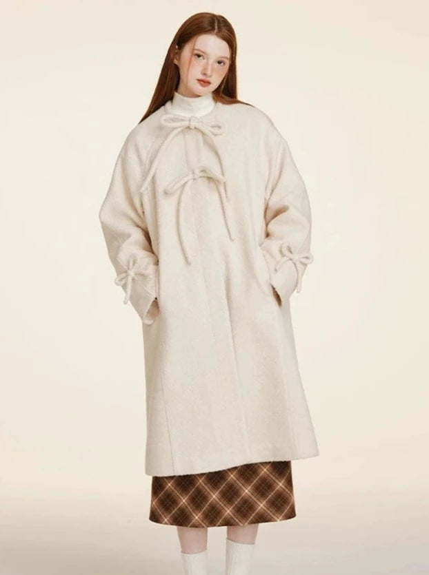 WHITE-RED HOOP TWEED WOOLEN COAT